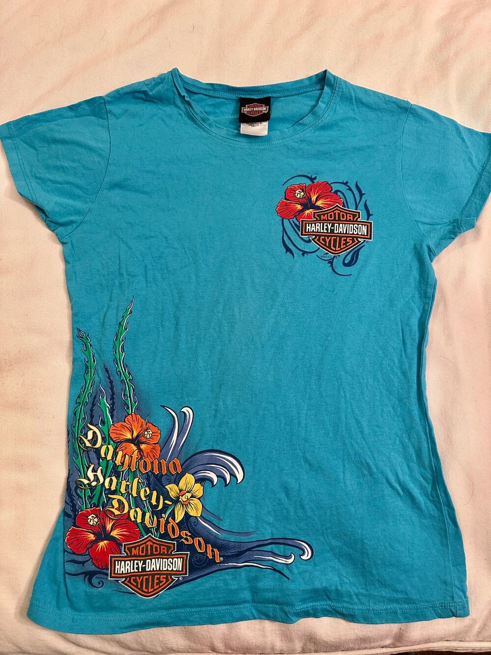 VINTAGE Y2K TURQUOISE HARLEY HIBISCUS DAYTONA DEALERSHIP TEE